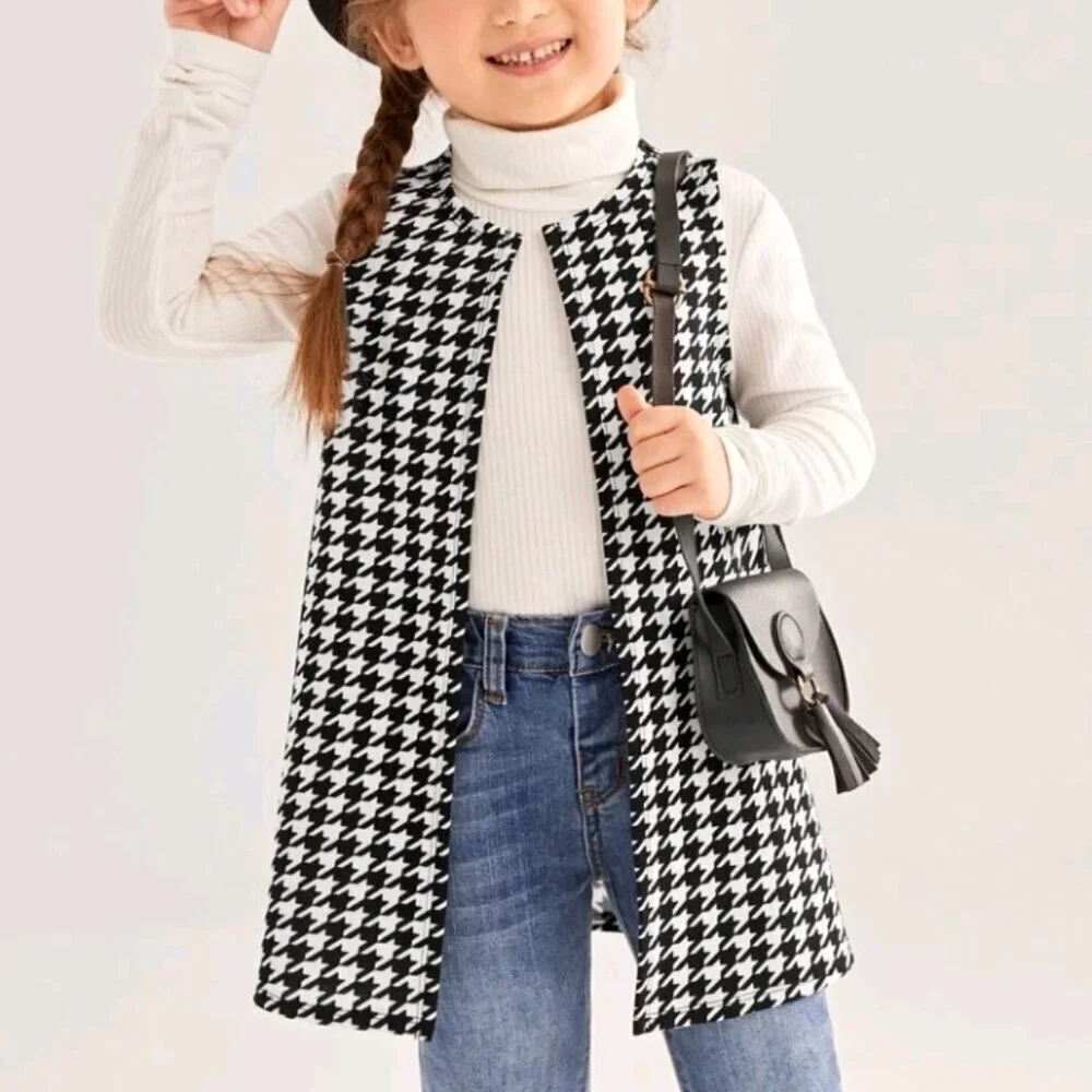 SHEIN Young Girl Houndstooth Print Open Front Vest Coat